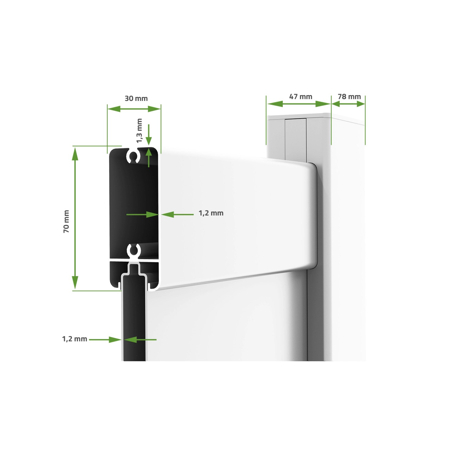 Detailaufnahme Casanoov Flügeltor Eiger, weiße Aluminiumprofile mit Maßangaben.