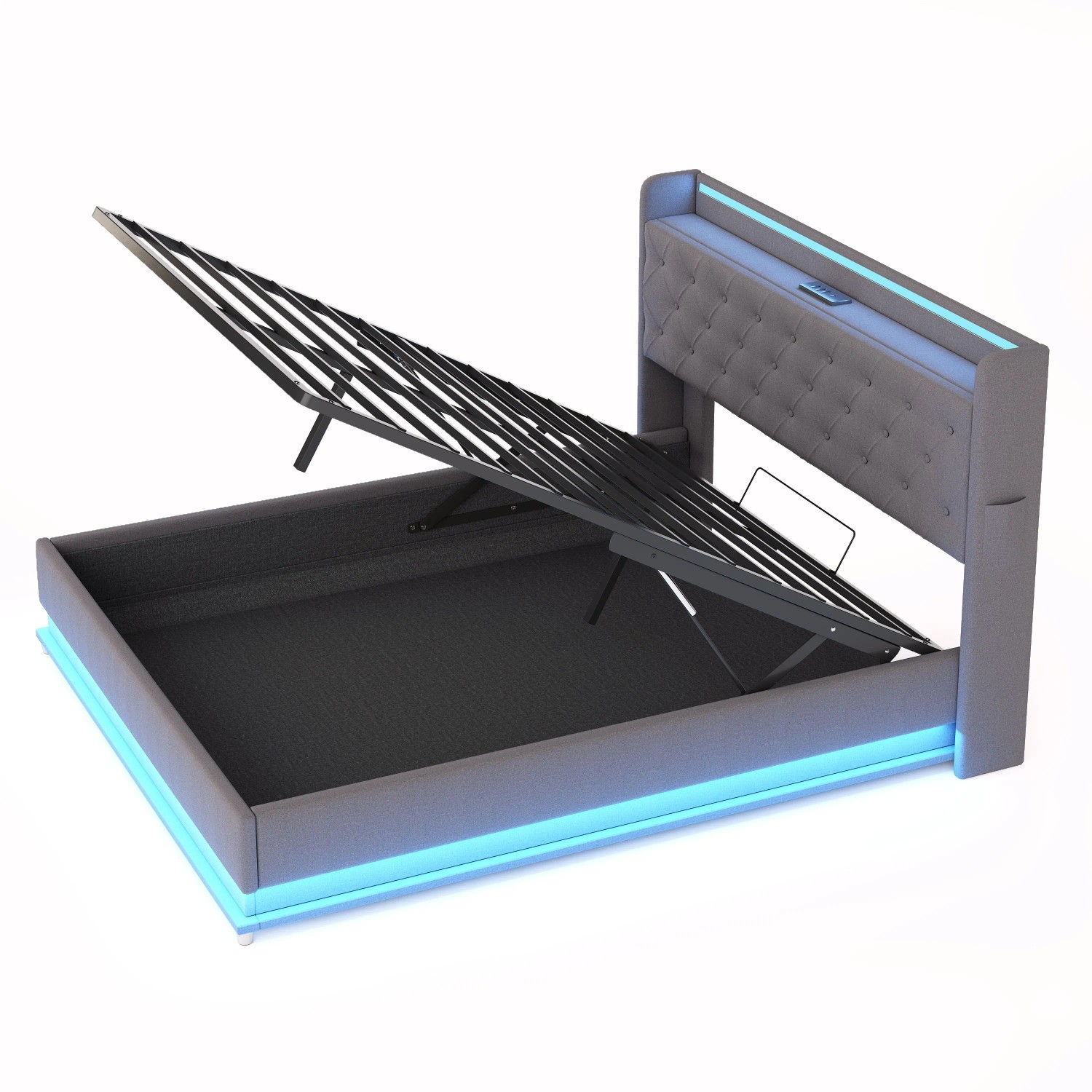 okwish Polsterbett 140x200cm mit LED USB Hydraulischem Stauraum Grau ohne Matratze
