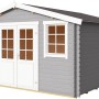 Lichtgraues Lasita Holz-Gartenhaus Wels 4 mit Doppeltür und Fenstern. Holz-Gartenhäuser für den Garten.