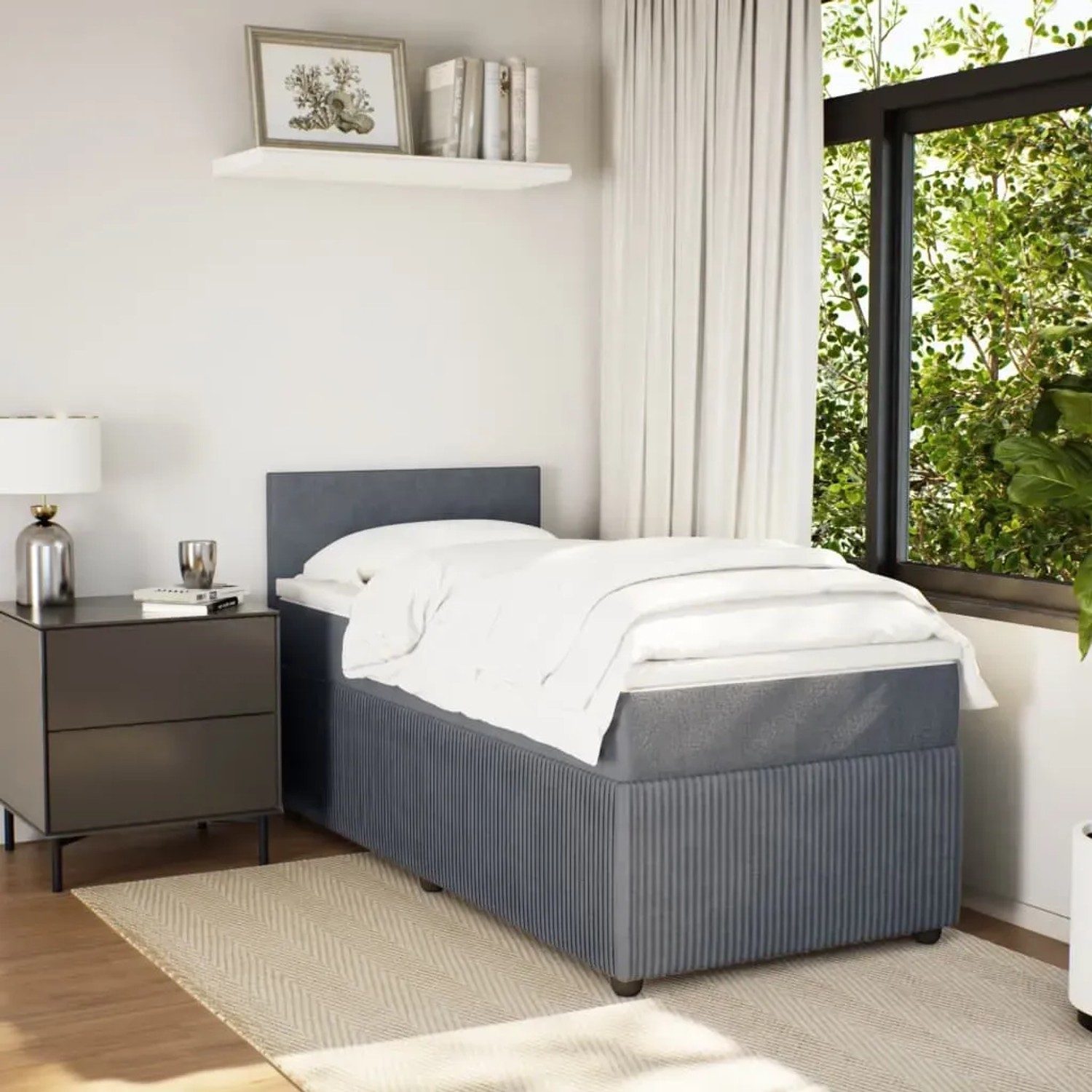 Dunkelgraues vidaXL Boxspringbett 100x200 cm mit Matratze und weißer Auflage im Schlafzimmer.