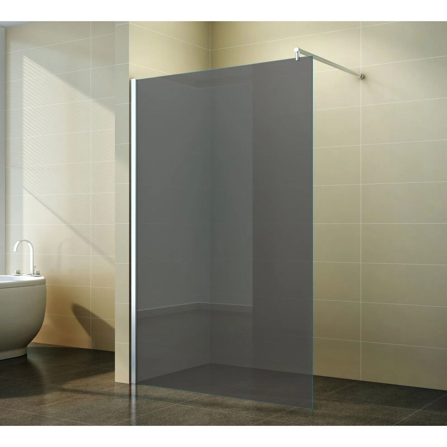 Begehbare Duschabtrennung aus Grauglas, 160x200 cm, mit Stabilisierungsstange. Ideal für barrierefreie Duschen.