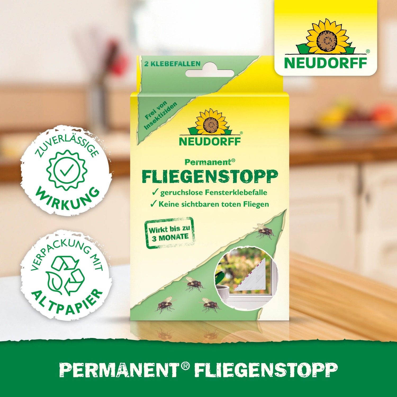 Neudorff Klebefalle Permanent Fliegenstopp, 2er-Packung zur Fliegenbekämpfung am Fenster.