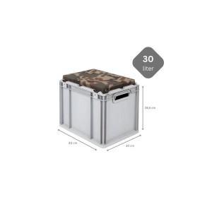 SparSet: Graue Eurobox mit Tarnmuster-Sitzkissen, 30 Liter. Aufbewahrungsbox, Transportbox.
