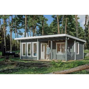 Schiefergraues Skan Holz Gartenhaus Arnheim mit überdachtem Eingang und Grill.