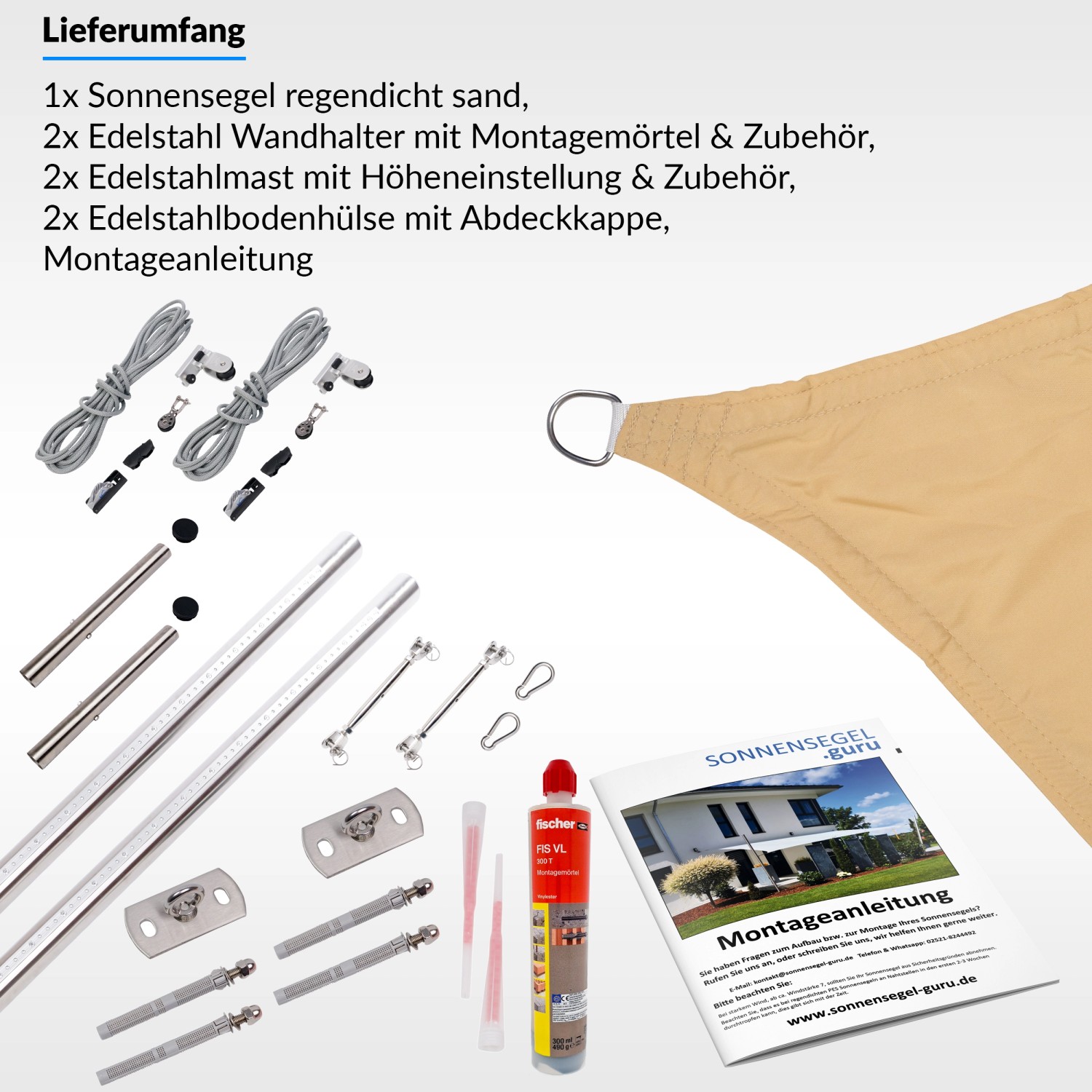 Toldoro Sonnensegel Komplettset 5x4m UPF50+ mit Befestigungsmaterial
