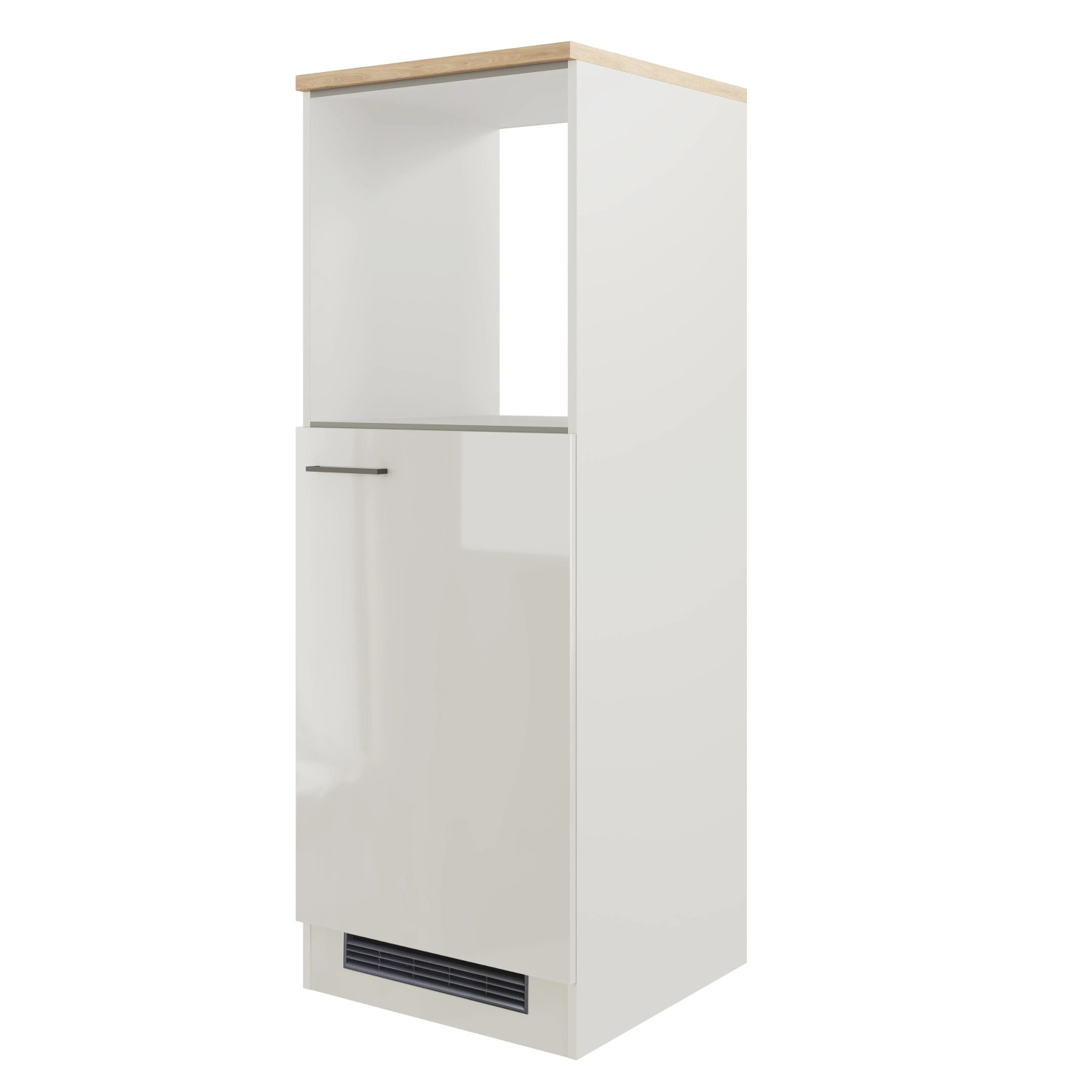 Flex-Well Exclusiv Demi-Geräteschrank Lund, 60 cm, lichtgrau glänzend, mit Nischen für Kühlgerät und Backofen.