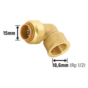 Steck-Winkel aus Messing, 15 mm x 18,6 mm (Rp 1/2), für Gewindefittings in Heizung/Wasser.