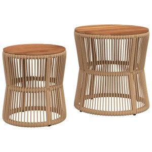 vidaXL Garten-Beistelltische, 2 Stk., beige Poly Rattan mit Holzplatte.