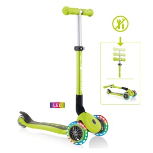 Globber Junior Tretroller, Lime Grün, mit 3 Rädern und LED-Leuchtrollen.
