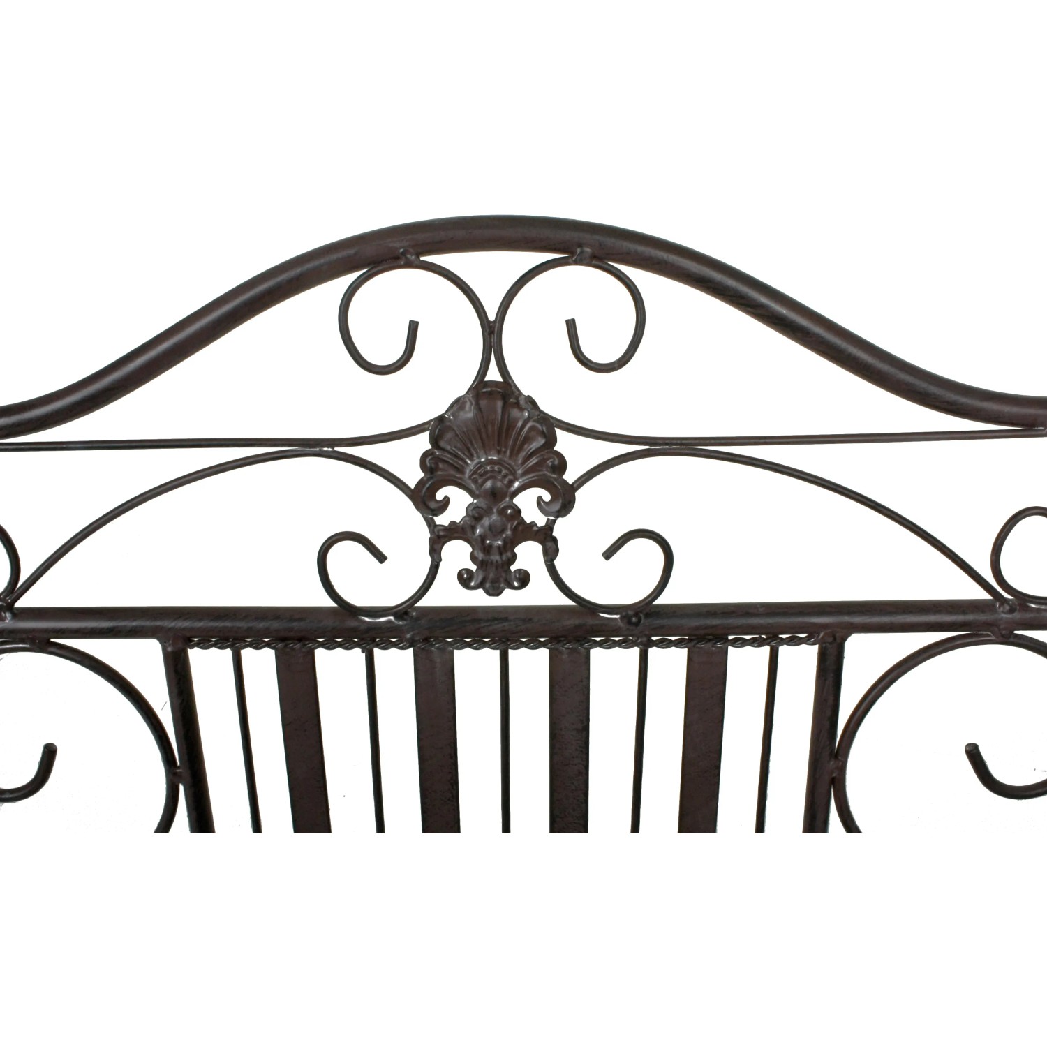 Detailansicht der Gartenbank Mangan von Garden Pleasure aus Stahl mit geschwungenen Ornamenten.