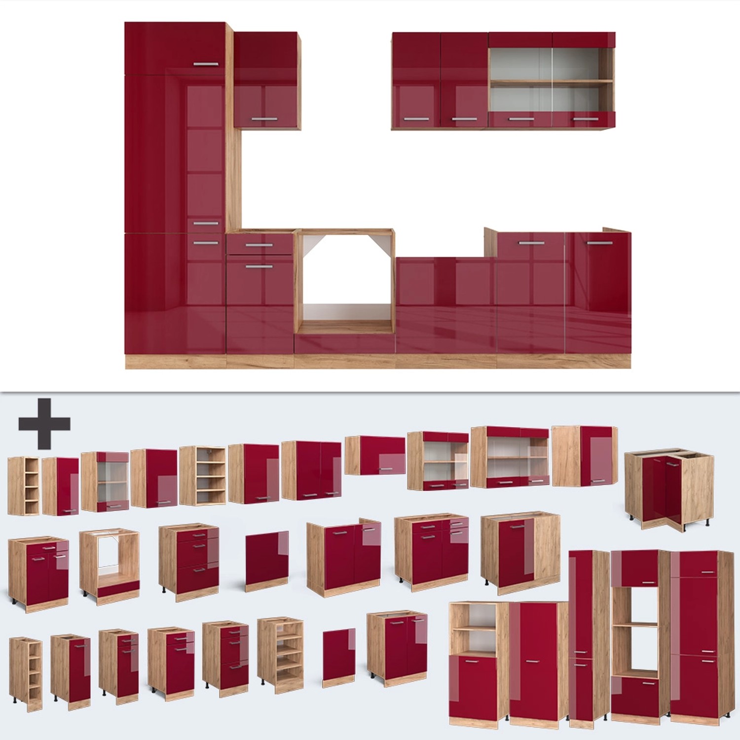 Vicco R-Line Küche, 300 cm, Bordeaux Hochglanz/Goldkraft Eiche, ohne Arbeitsplatte. Küchenzeile mit verschiedenen Modulen.