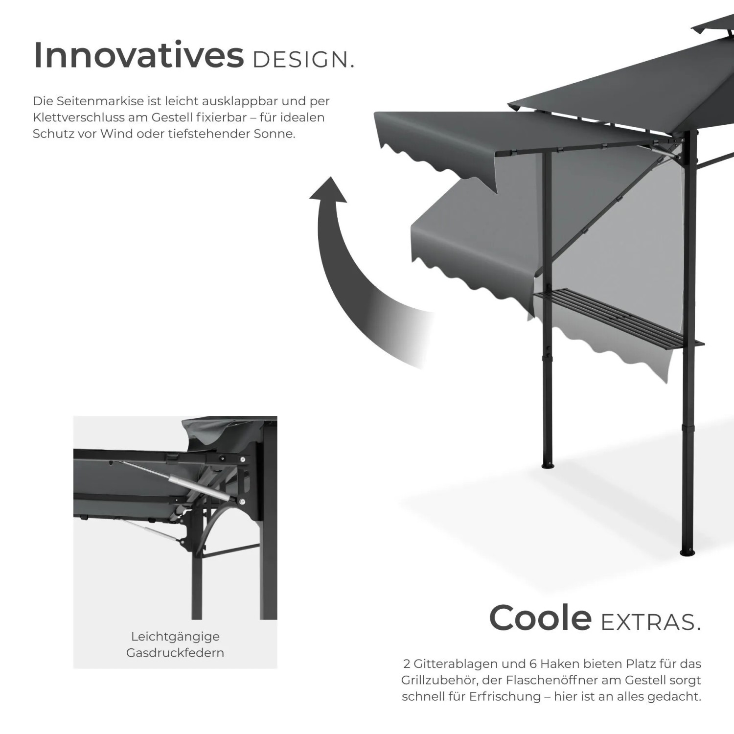Tectake Grillpavillon Maracaibo mit klappbarer Markise, Doppeldach und Flaschenöffner in Anthrazit.
