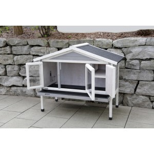 Kerbl Kleintierstall 4-Season Superior, grau-weiß, mit geöffneten Türen und Bitumendach.