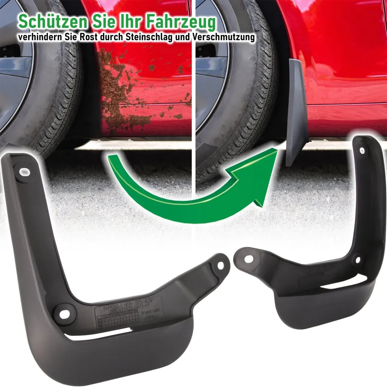 Schwarze Schmutzfänger für Volkswagen Polo VI (ab 2020) zum Schutz vor Schmutz und Steinschlag.