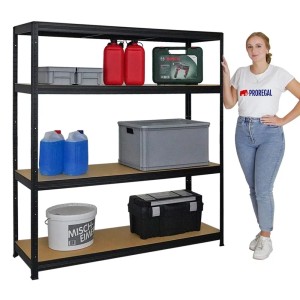 Schwarzes PROREGAL Schwerlastregal Giant Elephant mit fünf Böden und diversen Gegenständen.