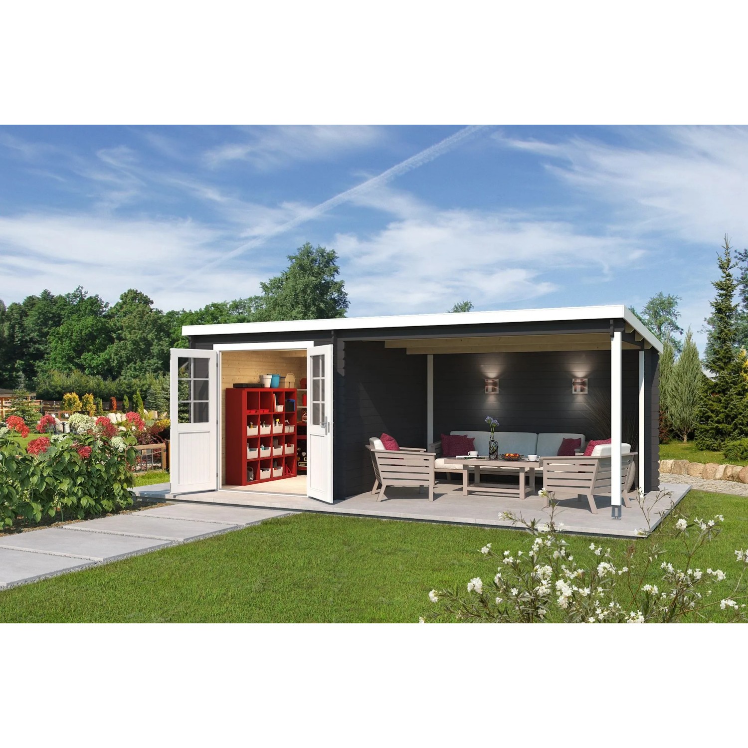 Lasita Holz-Gartenhaus Saint Paul Flachdach Carbongrau Lasiert 570 cm x 275 cm