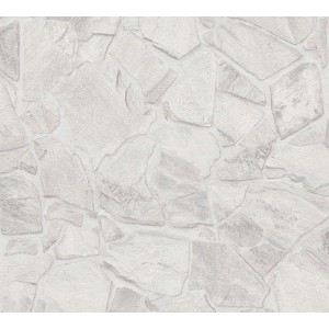 A.S. Création Vliestapete in Hellgrau mit Bruchsteinmauer-Design.