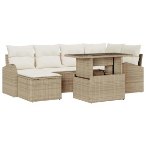 Beiges 7-teiliges vidaXL Garten-Sofa-Set aus Poly Rattan mit Tisch und Stauraum.