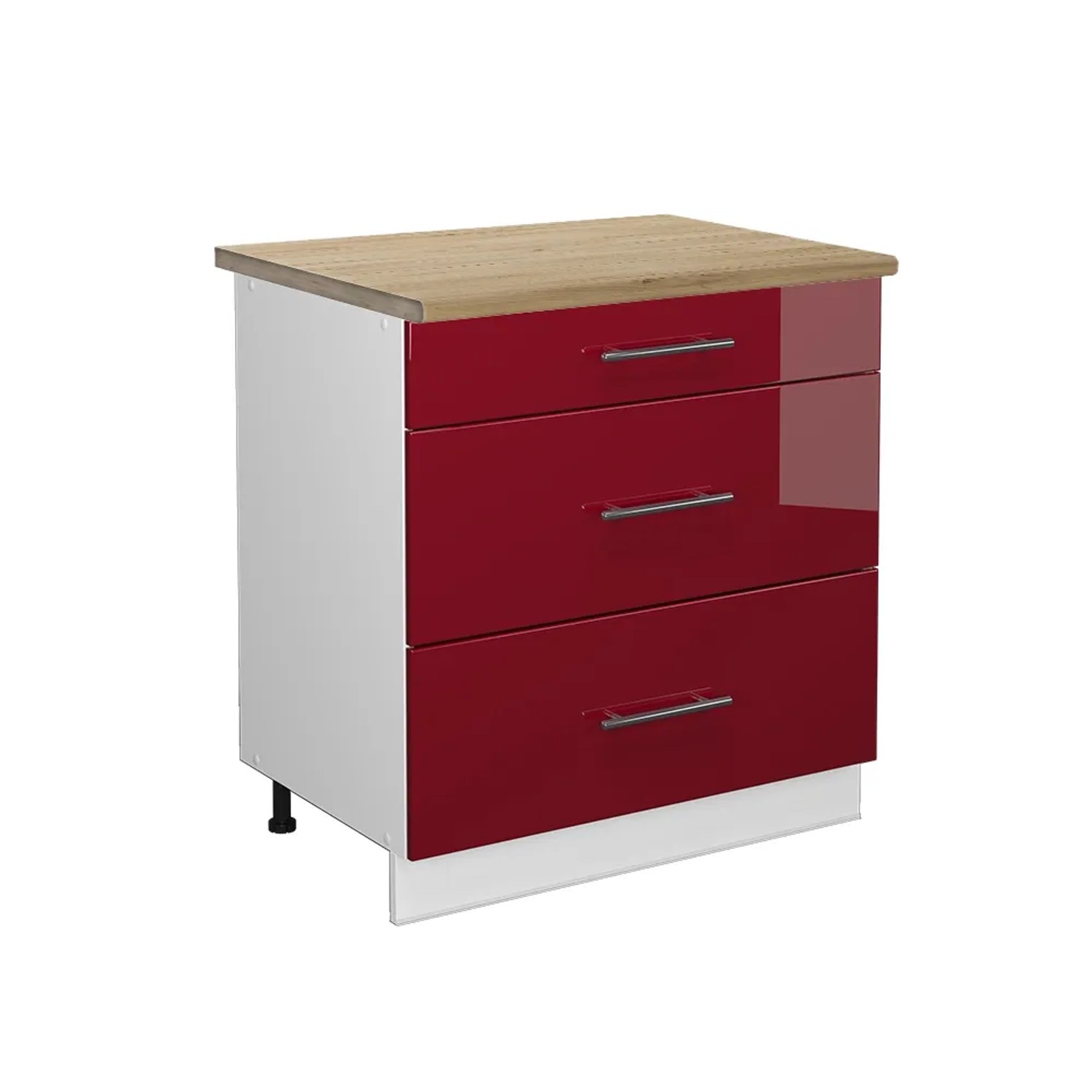 Vicco Küchenunterschrank Fame-Line Bordeaux Hochglanz/Weiß 80 cm mit 3 Schubladen AP Eiche