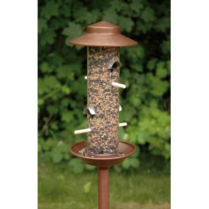 Dobar Stab-Vogelfutterspender Kupfer mit Ständer, gefüllt mit Vogelfutter.