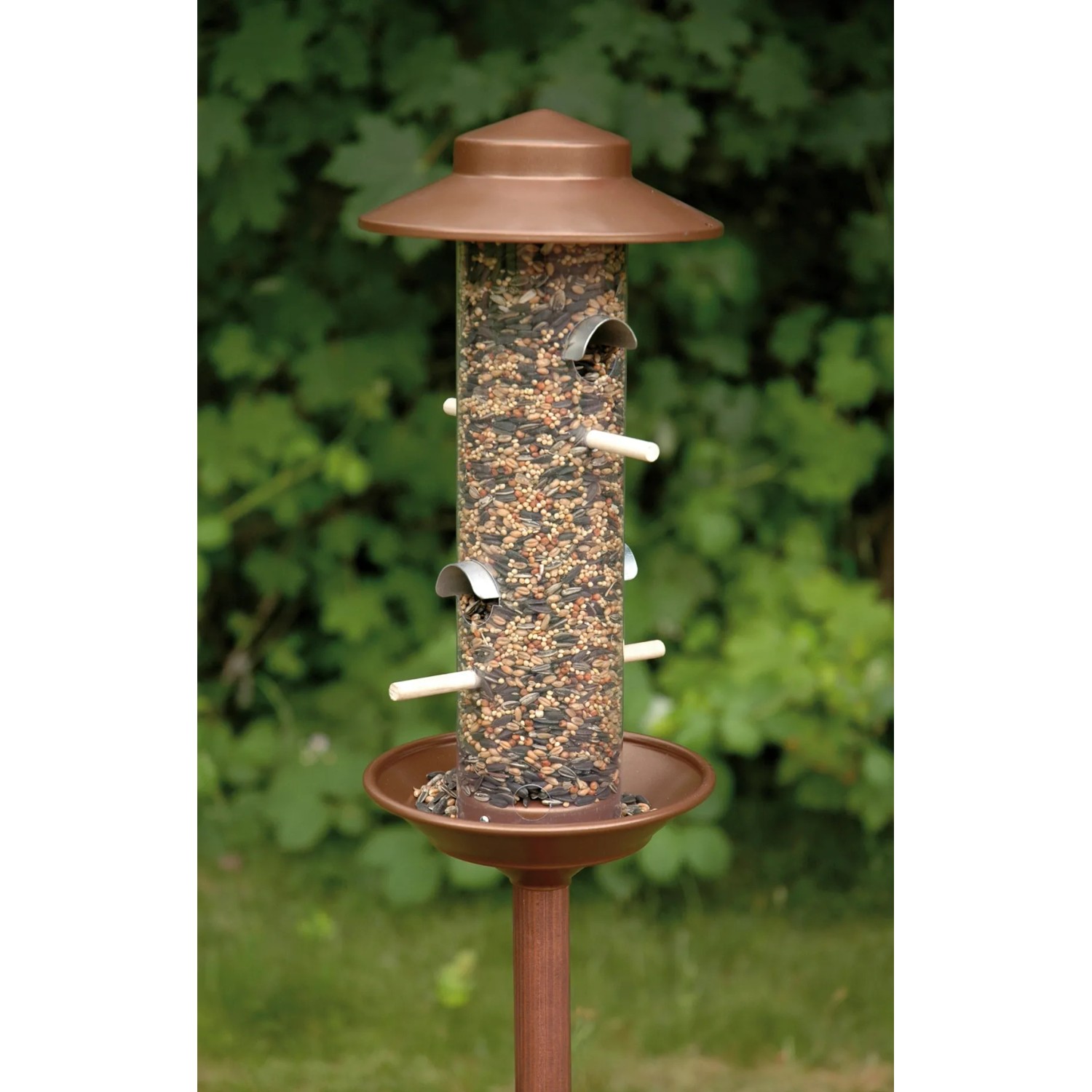 Dobar Stab-Vogelfutterspender Kupfer mit Ständer, gefüllt mit Vogelfutter.