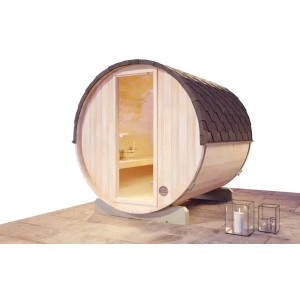 FinnTherm Fasssauna Mini S aus Fichte mit Glastür und schwarzem Dach für bis zu 4 Personen.