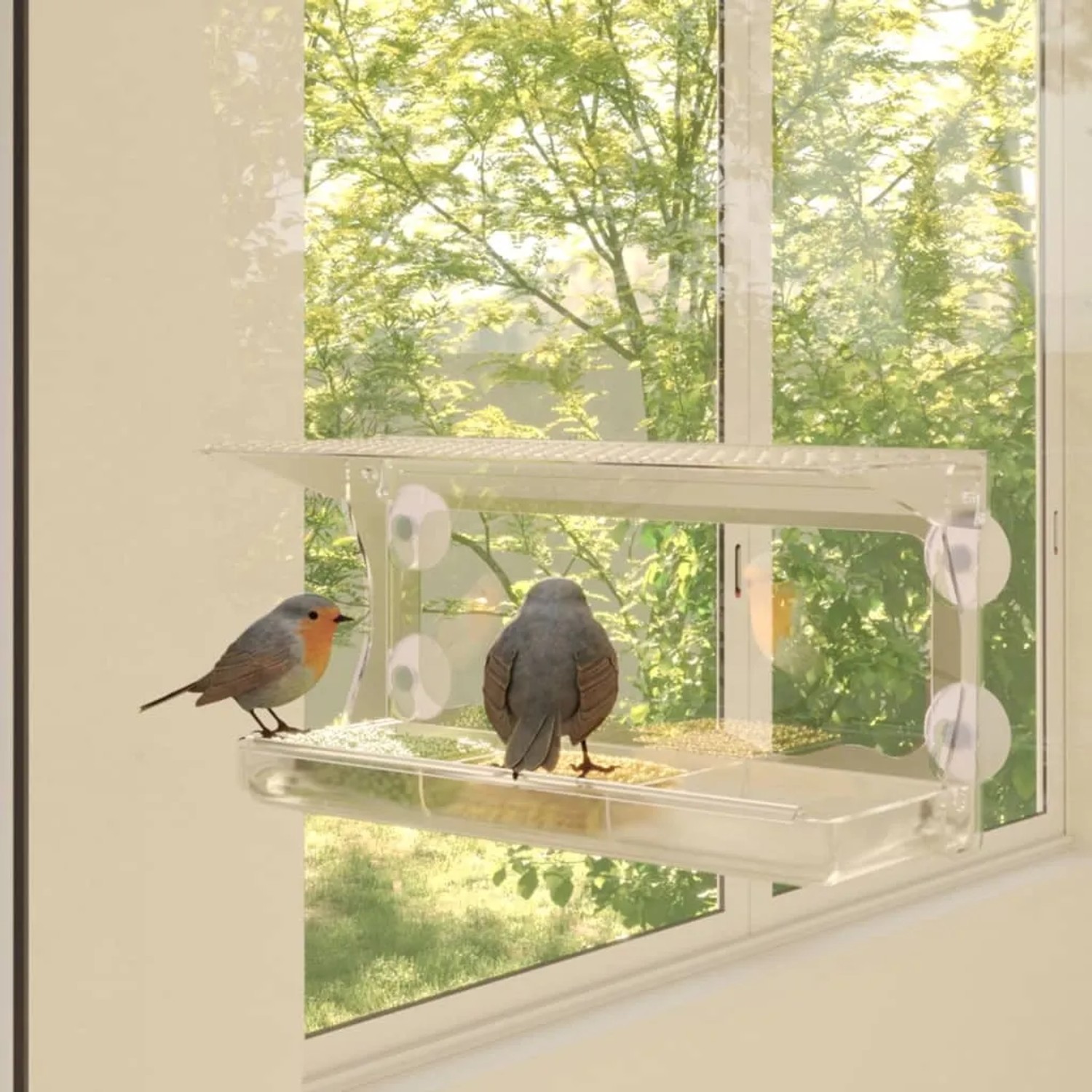VidaXL Fenster-Vogelhaus: Zwei Acryl-Futterstellen mit Saugnäpfen am Fenster mit Vögeln.