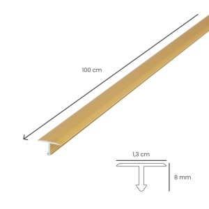 Goldene Aluminium T-Profil Übergangsschiene, 100cm lang, 13mm breit, 8mm hoch, für Bodenbeläge.