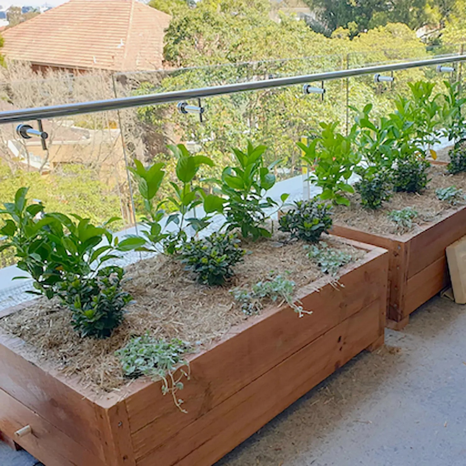 WaterUps Starterset-Bewässerungsbox in einem bepflanzten Hochbeet auf einer Terrasse.