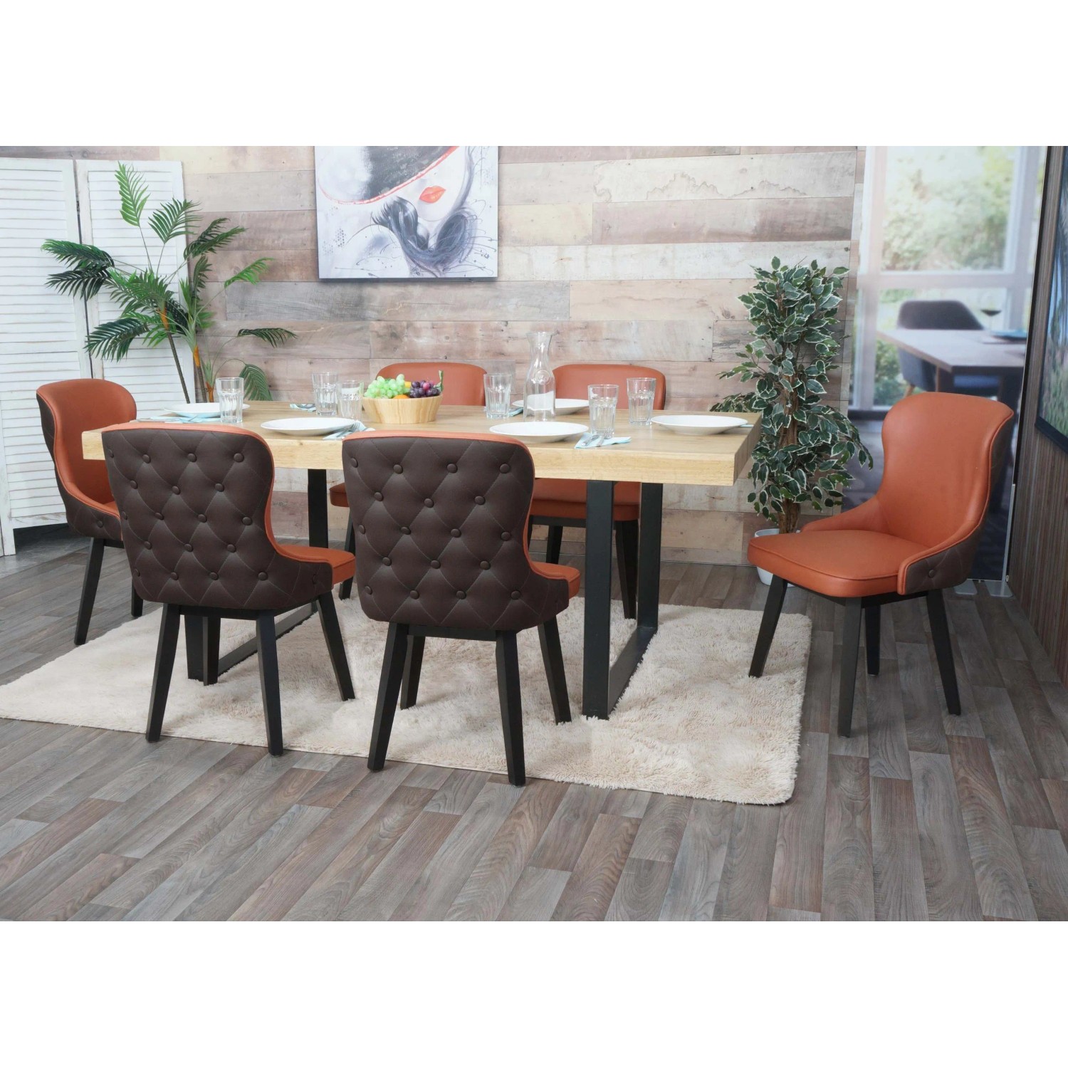 6er-Set Polsterstühle, terrakotta-braun, mit Ziernähten und Holzgestell. Esszimmerstuhl-Set.