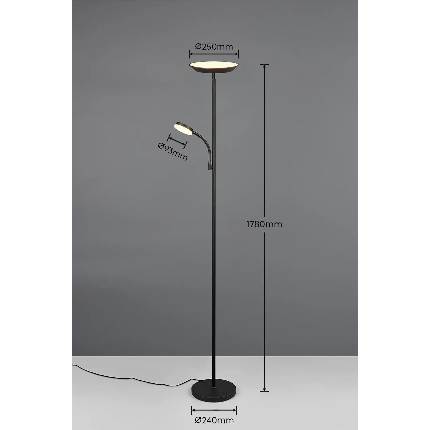 Schwarze Reality LED Stehleuchte Specter mit Deckenfluter und Lesearm.